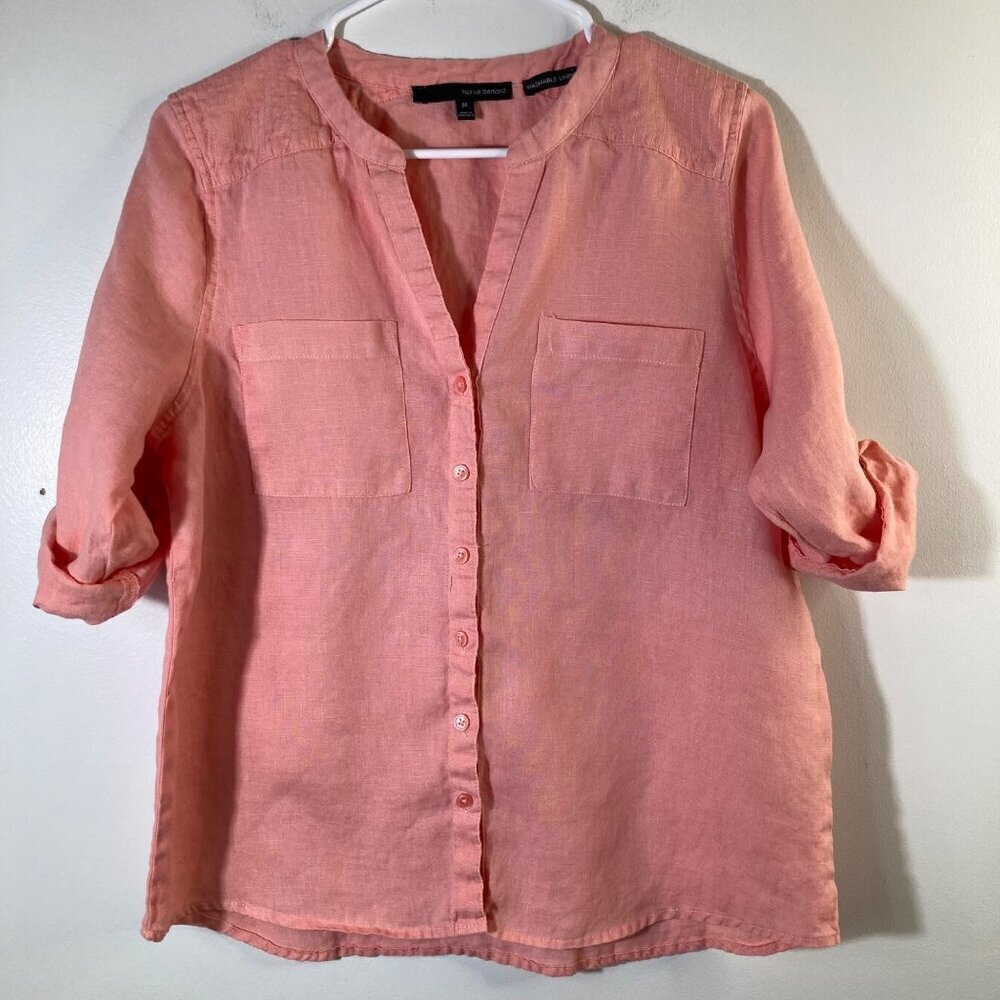 Harve Benard Coral Pink Button-Down Linen Blouse